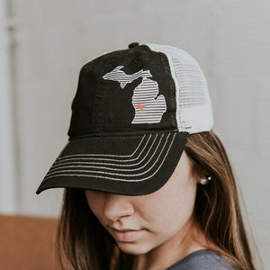 Hat //  Michigan  ~  Stripe + Heart Michigan { Black } Trucker Hat